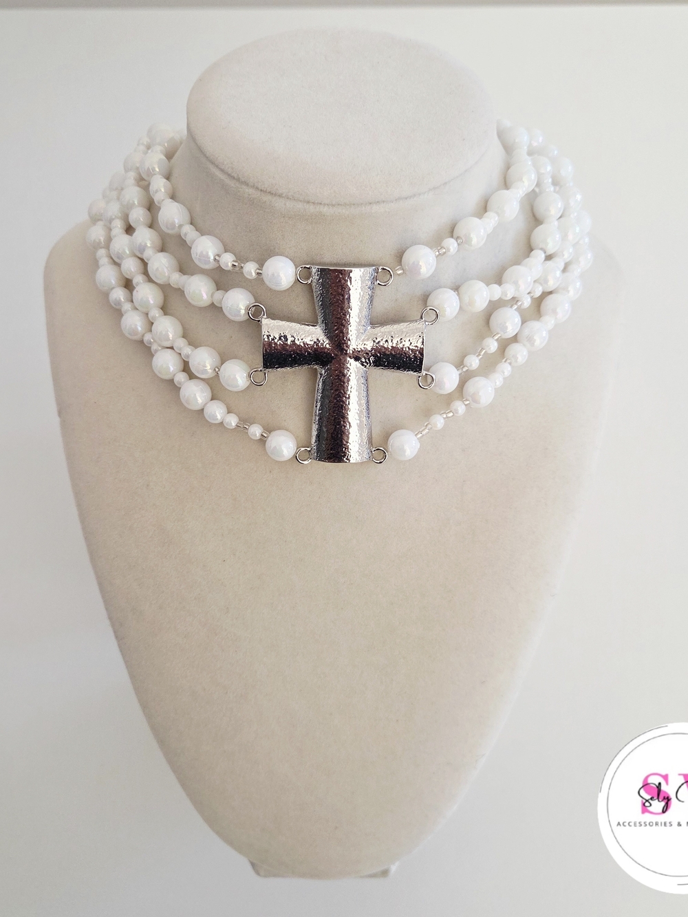 White pearl cross necklace with silver cross pendant